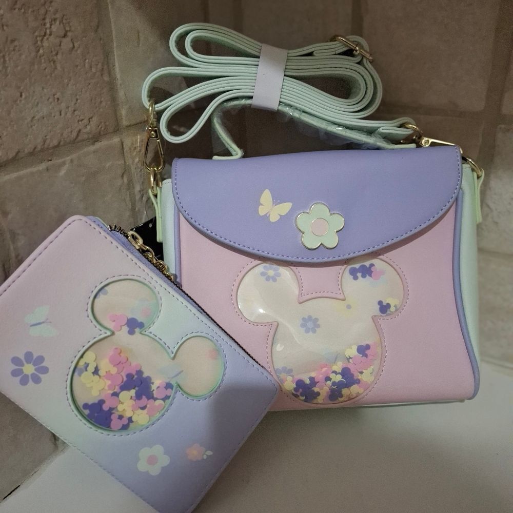 Her Universe Mickey Mouse Floral Pastel Colors Crossbody Bag & Wallet Set NWT